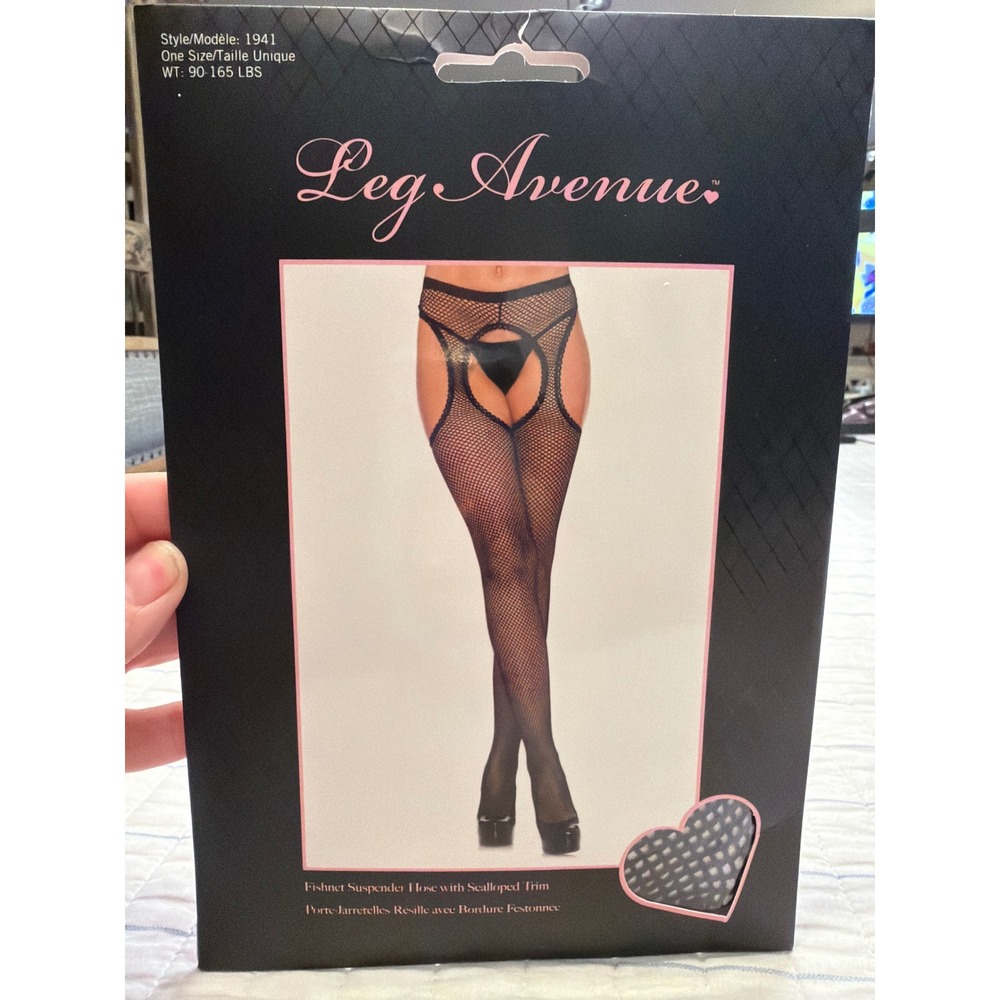 Leg Avenue 1941 Black Fishnet Suspender Hose Scalloped Trim One Size NIB